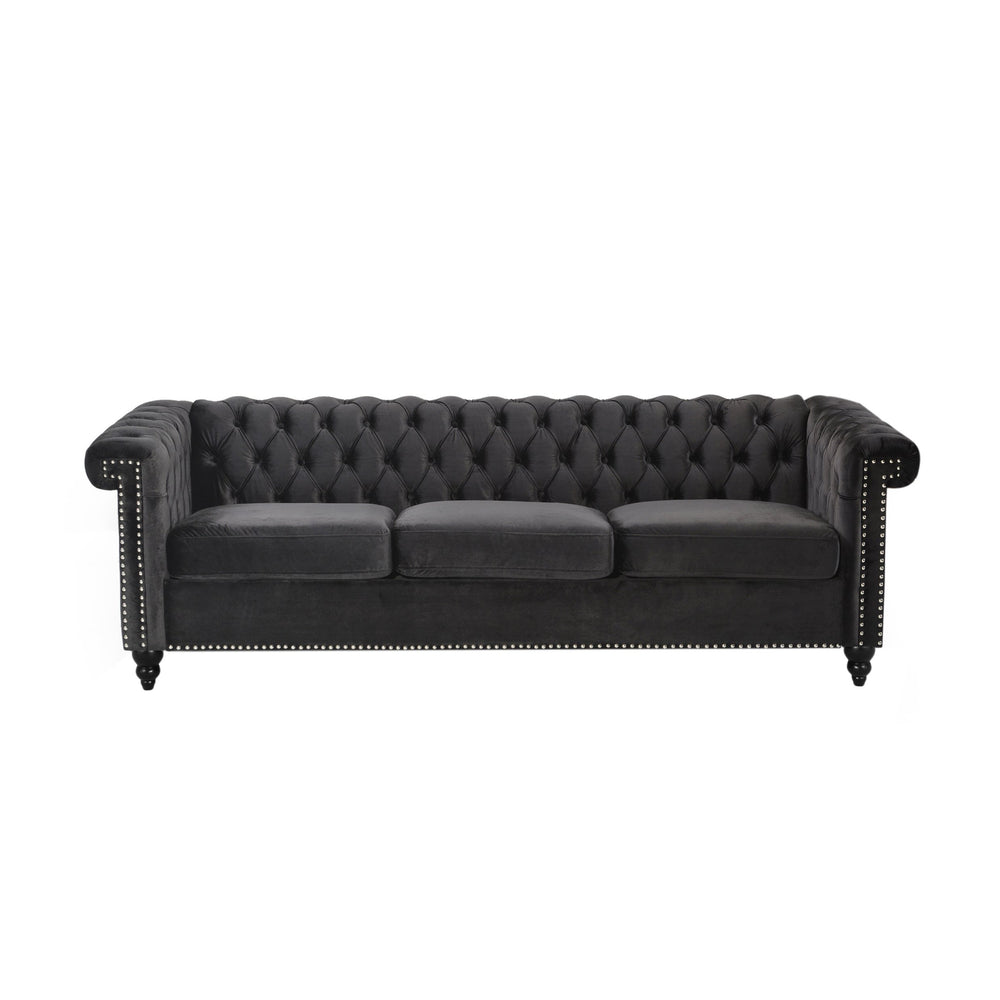 English Elm Christopher Knight Home® - SOFA Chesterfield-inspired 3-seater with deep button tufting, nailhead trim, low back and plush PU upholstery Black 68326.00NVLTBLK