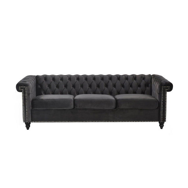 English Elm Christopher Knight Home® - SOFA Chesterfield-inspired 3-seater with deep button tufting, nailhead trim, low back and plush PU upholstery Black 68326.00NVLTBLK