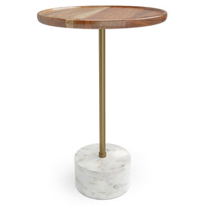 English Elm Becker Round Side Table with Acacia Wood Top, Antique Brass Stem & White Marble Base, 15" x 23" B136P159926