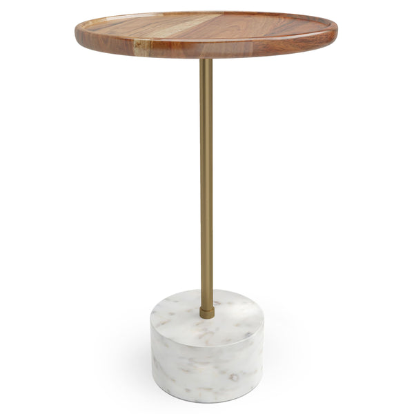 English Elm Becker Round Side Table with Acacia Wood Top, Antique Brass Stem & White Marble Base, 15" x 23" B136P159926