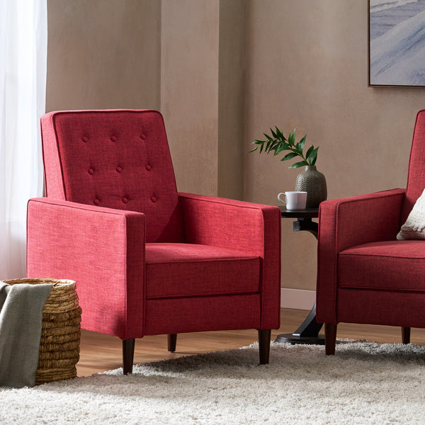 English Elm Christopher Knight Home® - Fabric Recliner Chair Mid-Century Modern Pushback Single Sofa with Tufted Cushion, Birch Legs, Cozy Comfort Red 60741.00RED