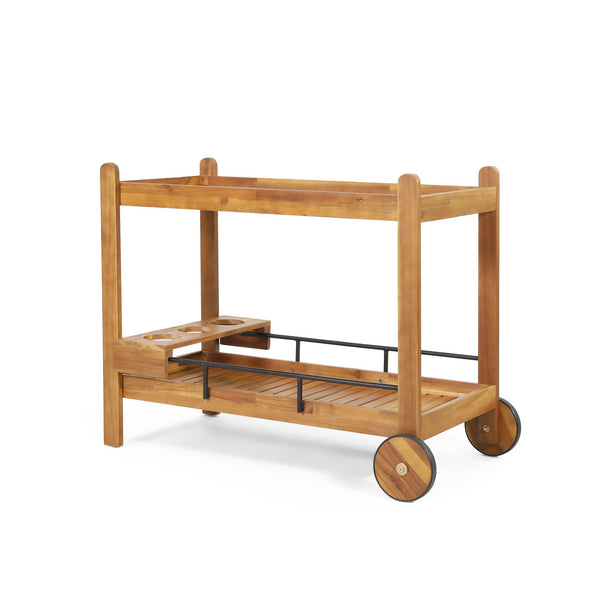 English Elm Christopher Knight Home® - LOUISIANA Bar Cart – Black Metal & Acacia Wood, Transitional Slat Design, Mobile with Wine Rack and Wheels 72835.00