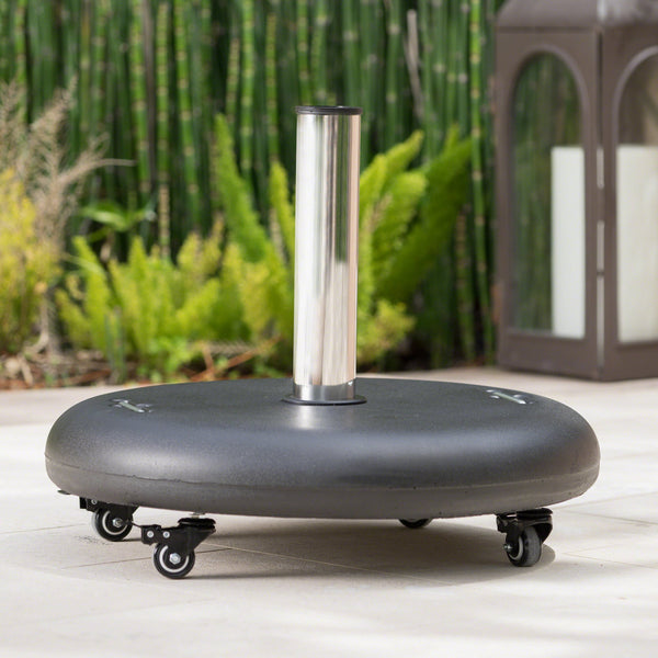 English Elm Wheelie Concrete Outdoor Umbrella Base with Locking Casters for Patio Stability Black 60454.00