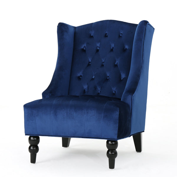 English Elm Christopher Knight Home® - High-Back Velvet Wingback Club Chair, Button-Tufted Diamond Stitching, Navy Blue, Turned Legs 55038.00NVLTNBL