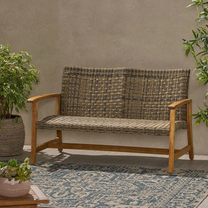 English Elm Christopher Knight Home® - HAMPTON Acacia Wood & Wicker Loveseat Natural Grey with Iron Frame, Weather-Resistant, Sturdy Design 60396.00WTC