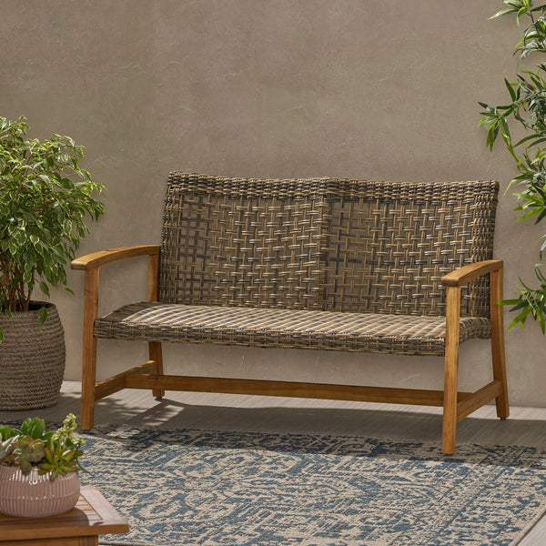 English Elm Christopher Knight Home® - HAMPTON Acacia Wood & Wicker Loveseat Natural Grey with Iron Frame, Weather-Resistant, Sturdy Design 60396.00WTC