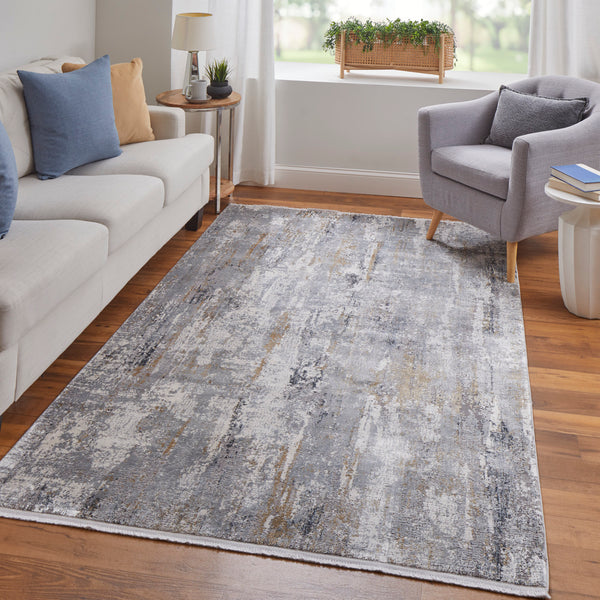 Feizy Rugs Cadiz Abstract Watercolor Rug - Elegant Machine-made Design Inspired By Cadiz Architecture & Colors Ivory,Gray,Gold Viscose,Acrylic 8663887fivygryi89