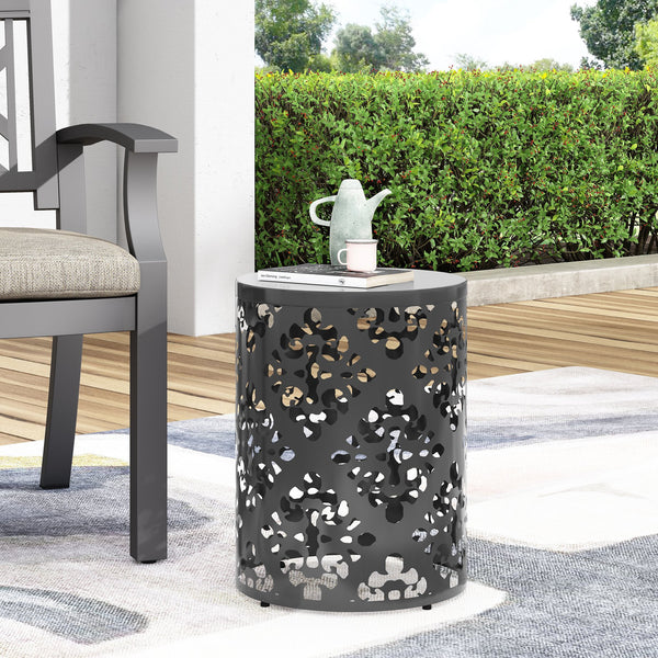 English Elm Outdoor Iron Accent Table Laser Cut Floral Cylinder Design for Patio or Balcony Black 73605.00BLK