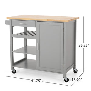 English Elm Christopher Knight Home® - Kitchen Island Cart with Solid Rubberwood Top, 41.75" Mobile Island with Drawer, Cabinet, Shelves & Wheels Grey 67756.00NATGRY
