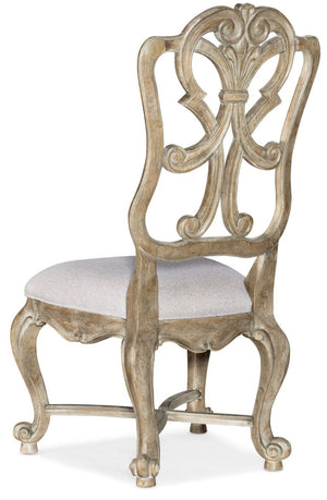 Hooker Furniture Castella Fleur‑De‑Lis Carved Wood Back Side Chair With Performance Upholstery, Antique Slate Finish 5878-75411-80