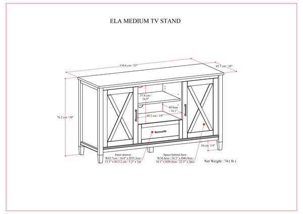English Elm Ela Handcrafted Medium TV Stand Smoky Brown Solid Wood, Shaker X Doors, Drawer, Fits Up to 60" B136P158607