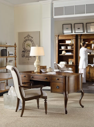 Hooker Furniture Archivist Pecky Pecan Writing Desk With Bonded Leather Top, Hidden Storage, Cable Management Elegance 5447-10458