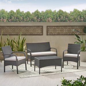 English Elm Christopher Knight Home® - CORDOBA PE Rattan 4-Pc Wicker Chat Set with Cushions, Iron Legs & Waterproof Fabric Comfort Grey 57458.00GRY