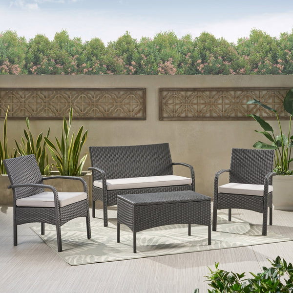 English Elm Christopher Knight Home® - CORDOBA PE Rattan 4-Pc Wicker Chat Set with Cushions, Iron Legs & Waterproof Fabric Comfort Grey 57458.00GRY