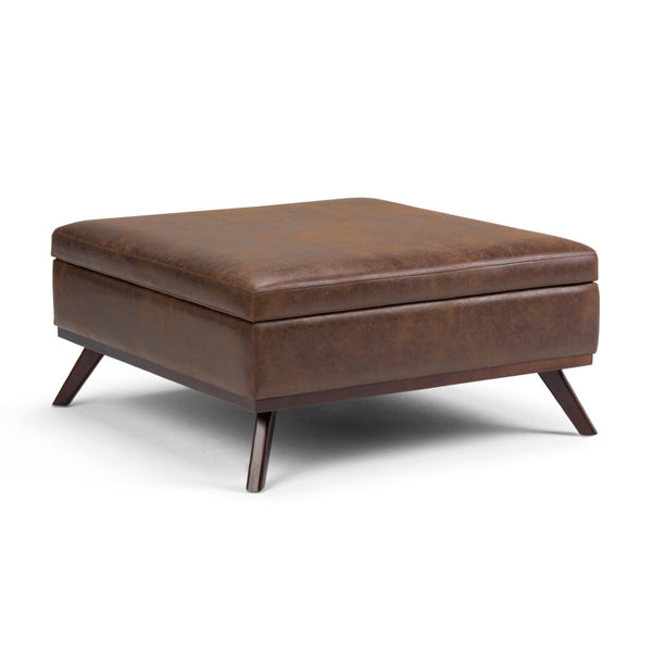 English Elm Owen Square Storage Ottoman Coffee Table - Distressed Chestnut Faux Leather, Mid-Century Style B136P159173-GIGA
