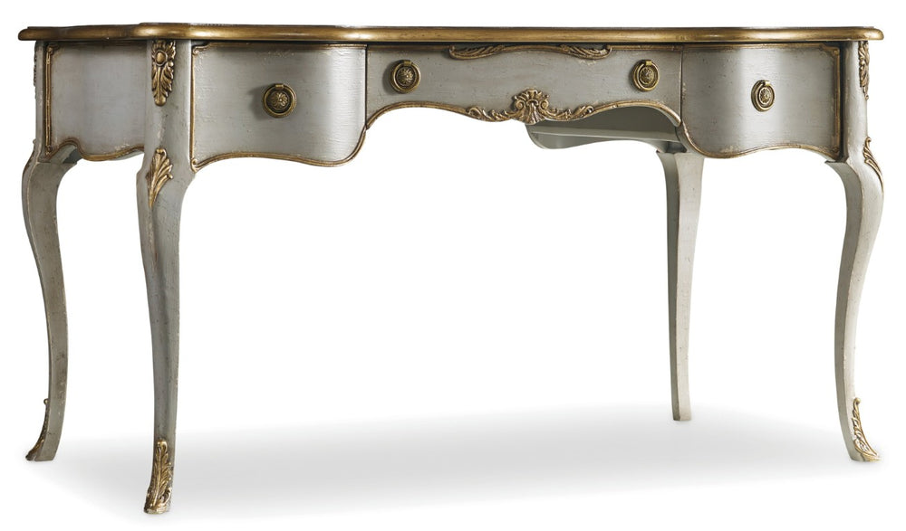 Hooker Furniture French-Inspired Writing Desk In Soft Gray With Gold Accents, Drop-Front Keyboard Drawer & Storage 5198-10458
