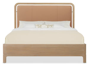Hooker Furniture Banyon Oak Queen Panel Bed With Leather Upholstered Headboard, Wire-Brushed Desert Oak Finish Brown 6081-90350-85