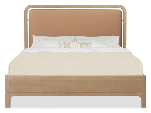 Hooker Furniture Banyon Oak Queen Panel Bed With Leather Upholstered Headboard, Wire-Brushed Desert Oak Finish Brown 6081-90350-85