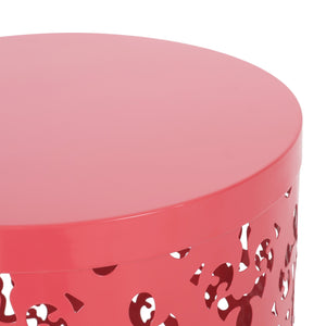 English Elm Outdoor Iron Accent Table Laser Cut Floral Cylinder Design for Patio or Balcony Coral 73605.00DCRL