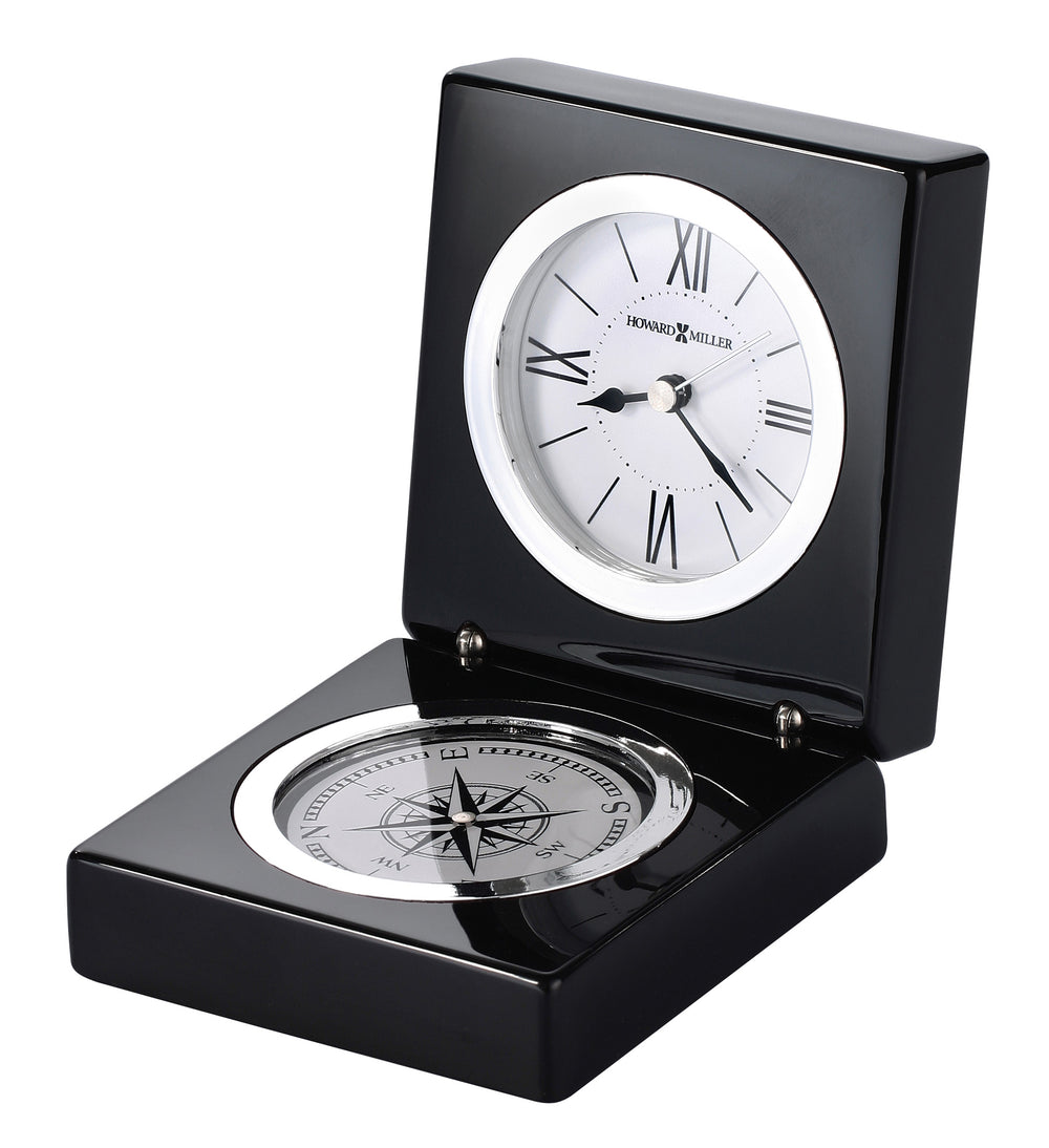 Hekman Furniture 645743 Elegant Hardwood Tabletop Clock With Compass – Portable Quartz Timepiece In Glossy Black Finish  Endeavor Tabletop Clock 645743