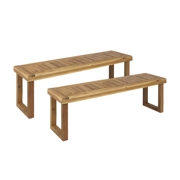 English Elm Nestor Solid Acacia Outdoor Bench Set of Two Slatted Natural Wood Patio Seating 63892.00