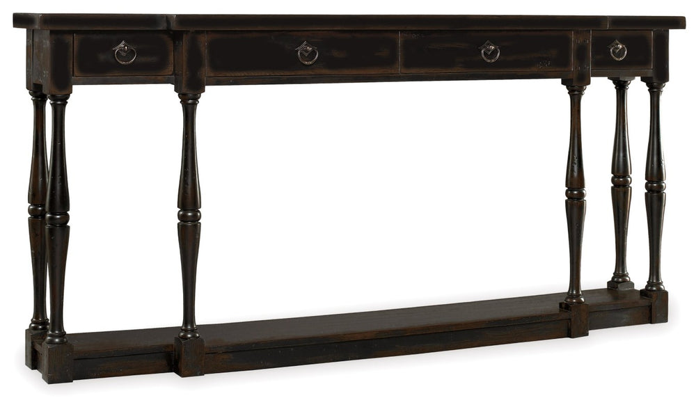 Hooker Furniture Sanctuary Slim Four-Drawer Console In Hand-Rubbed Ebony — 72" Narrow Entryway Table With Shelf, Distressed Charm 3005-85001