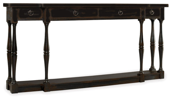 Hooker Furniture Sanctuary Slim Four-Drawer Console In Hand-Rubbed Ebony — 72" Narrow Entryway Table With Shelf, Distressed Charm 3005-85001