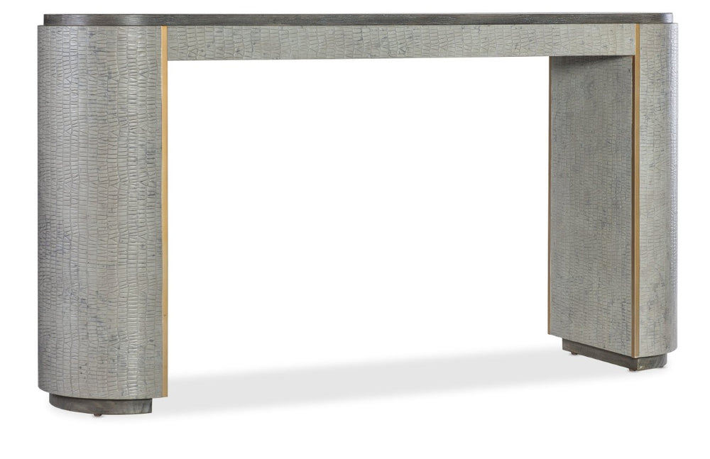 Hooker Furniture Melange Dylian Console Table — Gray Crocodile Robus Leather, Gold Accents, Dark Wood Top, 64"W Oval Stylish 628-80534-95