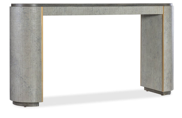 Hooker Furniture Melange Dylian Console Table — Gray Crocodile Robus Leather, Gold Accents, Dark Wood Top, 64"W Oval Stylish 628-80534-95