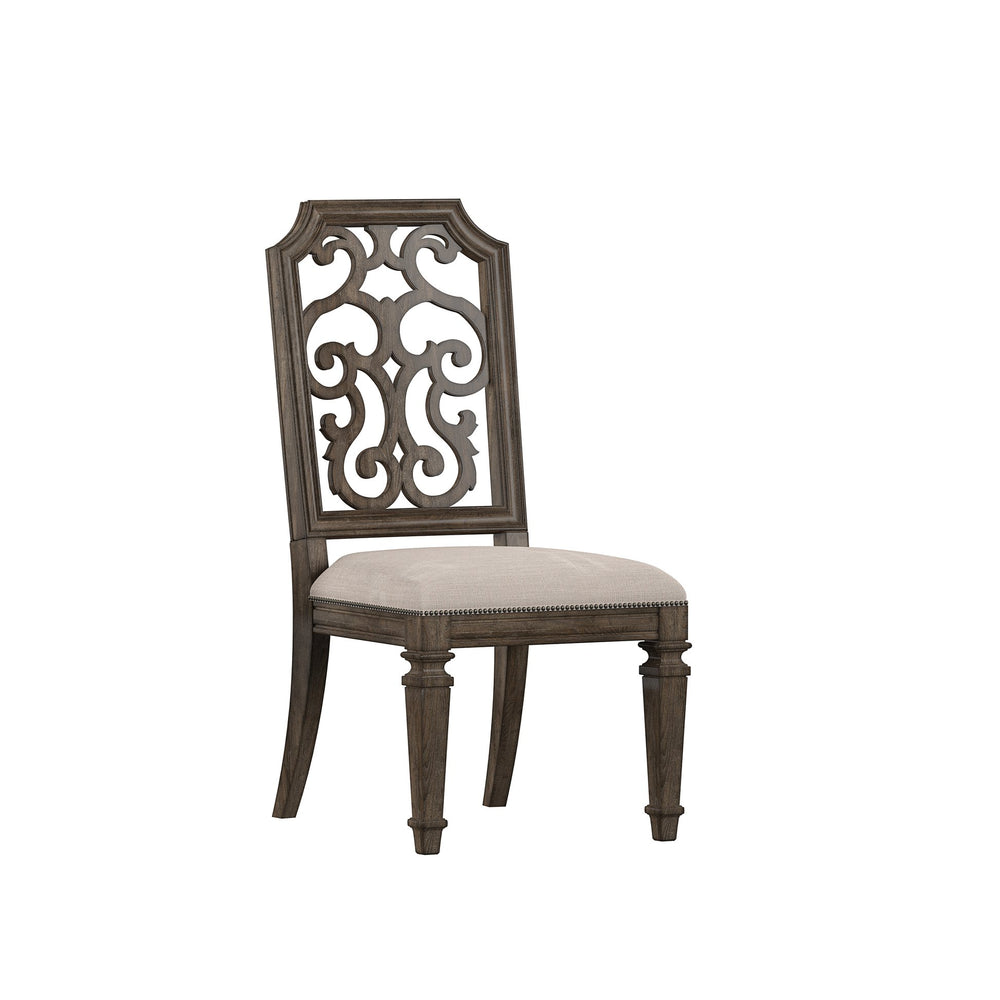 A.R.T. Furniture Heritage Hill Fret Back Side Chair - Elegant Dark Brown Upholstered Seat With Scrollwork Design  Material, Parawood Solids,Foam,Fabric,Metal 274204-2812