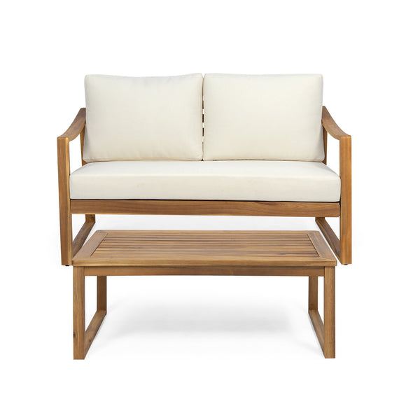 English Elm Christopher Knight Home® - SAMWELL Acacia Wood Outdoor Loveseat and Coffee Table Set with Water-Resistant Cushions, Sleek Slat Design Teak 52.75 L x 33 W x 17.75 H 70137.00BGE
