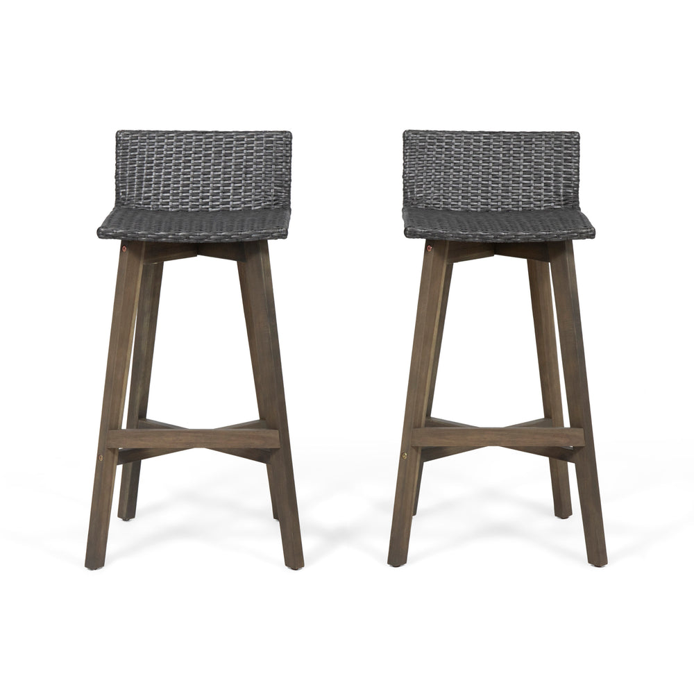 English Elm Christopher Knight Home® - LA La Brea Acacia Wood & Wicker Barstool Set of 2 — Outdoor Faux Rattan Seats with Iron X-Stretcher Frame Grey 65431.00GRY