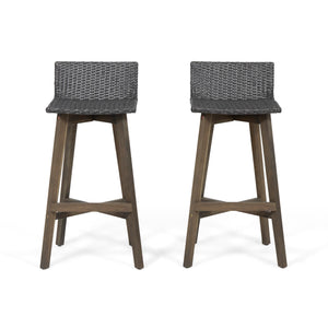 English Elm Christopher Knight Home® - LA La Brea Acacia Wood & Wicker Barstool Set of 2 — Outdoor Faux Rattan Seats with Iron X-Stretcher Frame Grey 65431.00GRY