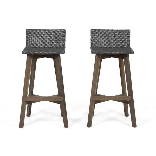 English Elm Christopher Knight Home® - LA La Brea Acacia Wood & Wicker Barstool Set of 2 — Outdoor Faux Rattan Seats with Iron X-Stretcher Frame Grey 65431.00GRY