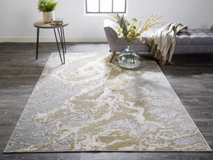 Feizy Rugs Aura Contemporary High-low Pile Abstract Rug In Gold And Champagne - Durable Machine Made Design Ivory,Silver,Gold Polyester,Polypropylene Aur3563fbgegryj20