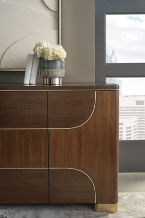 Hooker Furniture Melange Contours Credenza With Dark Walnut Veneer, Champagne Trim, Media-Ready Storage & Soft-Close Doors 628-55076-89