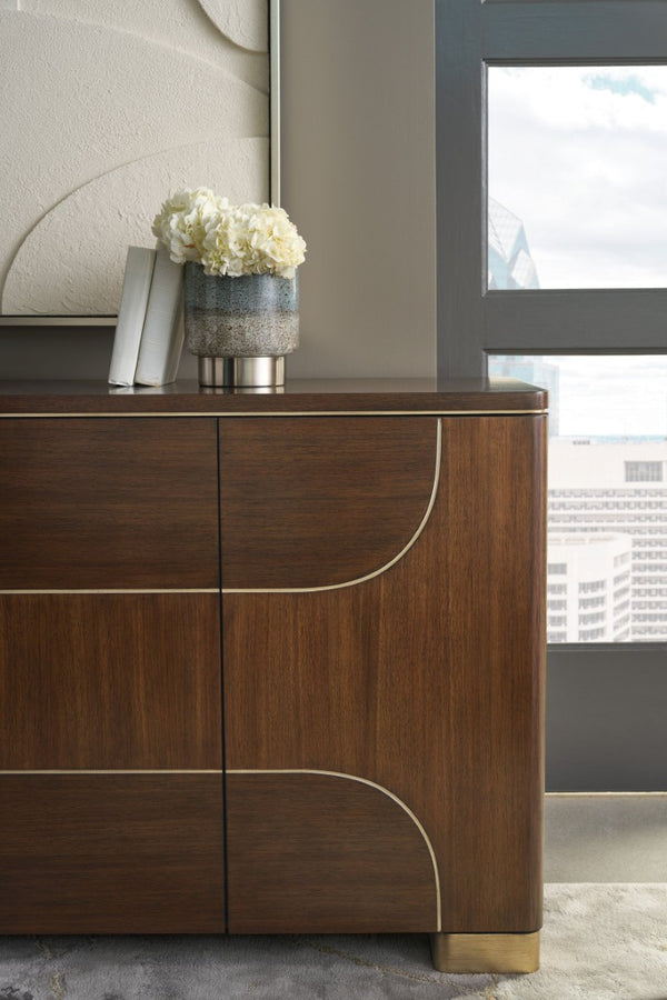 Hooker Furniture Melange Contours Credenza With Dark Walnut Veneer, Champagne Trim, Media-Ready Storage & Soft-Close Doors 628-55076-89