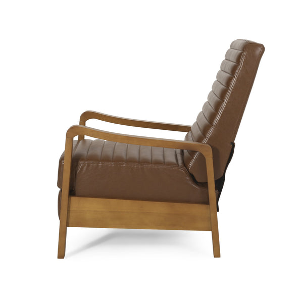 English Elm Christopher Knight Home® - Faux Leather Wood Hand Manual Club Recliner Light Brown PU Push-Back Channel Stitching Rubberwood Frame 71261.00PUCOGN