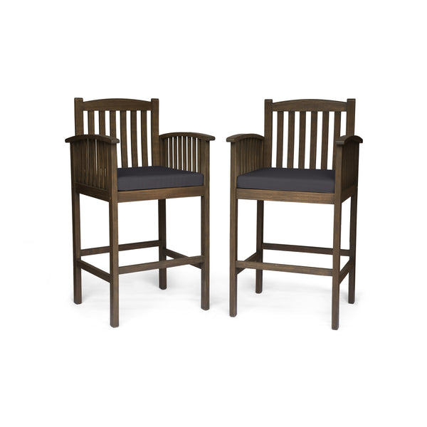 English Elm Christopher Knight Home® - CASA Acacia Outdoor Barstool Set of 2 with Water-Resistant Cushions, Rustic Slat Design, Durable Grey 63833.00GRY