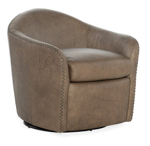 Hooker Furniture Roper Barrel Swivel Club Chair In Semi-Aniline Top-Grain Leather With Baseball Stitching Accent — Luxurious Comfort And 360° Rotation Light Brown CC533-SW-083