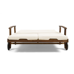 English Elm Christopher Knight Home® - Perla Double Chaise Lounge - Elegant Cream Acacia Wood For Poolside Relaxation & Adjustable Comfort 63357.00CRM