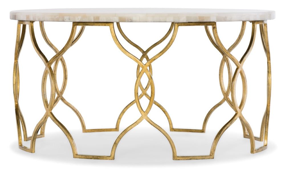 Hooker Furniture Melange Corrina Cocktail Table With White Onyx Top And Gold Leaf Fretwork Base — Sculptural Luxe Design 638-50359-WH