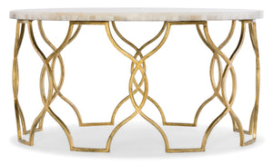 Hooker Furniture Melange Corrina Cocktail Table With White Onyx Top And Gold Leaf Fretwork Base — Sculptural Luxe Design 638-50359-WH