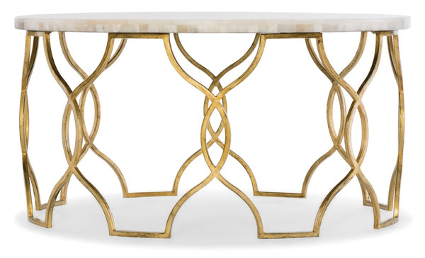 Hooker Furniture Melange Corrina Cocktail Table With White Onyx Top And Gold Leaf Fretwork Base — Sculptural Luxe Design 638-50359-WH
