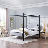 Christopher Knight Home® - Noble House - Beechmont Queen Size Iron Canopy Bed Frame With Upholstered Studded Headboard