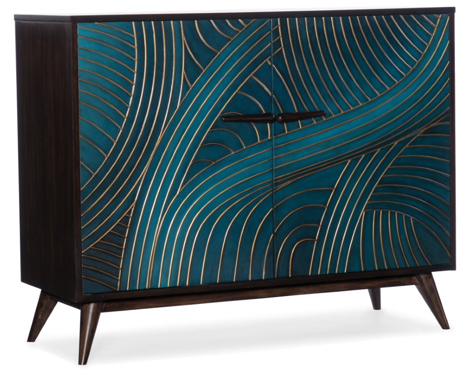 Hooker Furniture Melange Esperanza Two-Door Chest With Teal & Gold Gesso Finish, Walnut Veneers, Rattan Accent Storage 638-85451-45