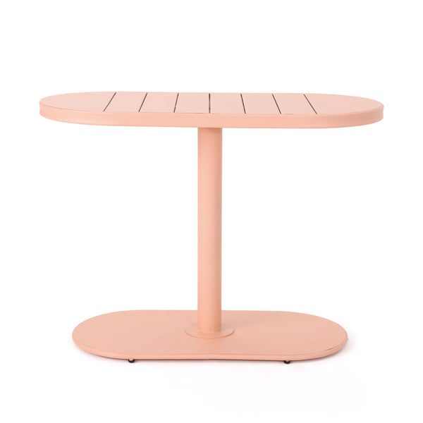 English Elm Santa Monica Outdoor Bistro Set Powder Coated Iron Oval Table Two Slat Chairs Patio Coral 62015.00CRL