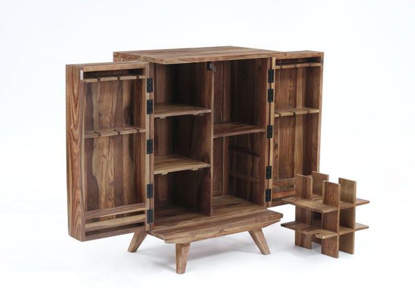 Porter Designs Porter Fusion Solid Sheesham Wood Bar Cabinet – Unique Mid Century Design For Stylish Home Storage Light Brown Wood 07-117-30-6734n