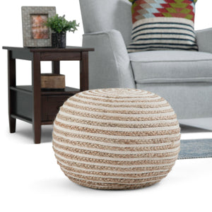 English Elm Yolanda Handcrafted Round Pouf in Natural Beige – Cotton & Jute Woven Accent Ottoman, 20" D x 14" H B136P159336