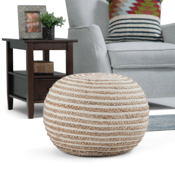 English Elm Yolanda Handcrafted Round Pouf in Natural Beige – Cotton & Jute Woven Accent Ottoman, 20" D x 14" H B136P159336